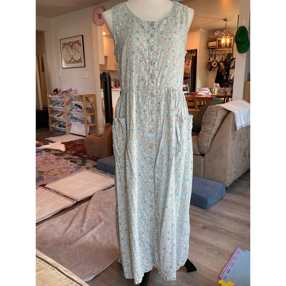 Vintage Erika & Co 90s Floral Button Front Maxi Dress Tie Back Sage Pockets
